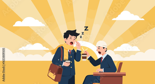 Early Morning Meeting Illustration Featuring Tired Businessman and Construction Engineer