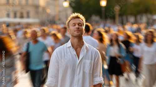Serene man enjoying moment of mindfulness amidst bustling city crowd, finding in peace urban inner environment