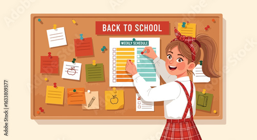 Enthusiastic Student Organizes Her Schedule For The New School Year On Cork Board