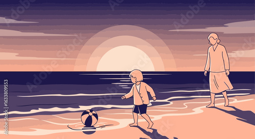 Family Seaside Vacation At Sunset With Child Playing Ball On The Beach