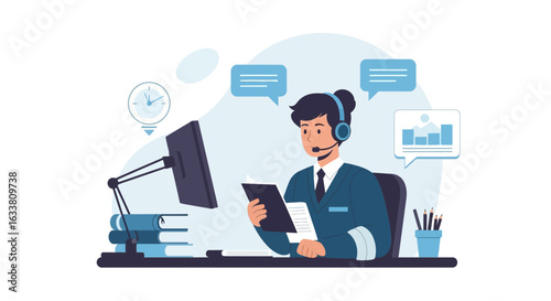 Efficient Customer Support Representative Assisting Clients Online In Minimalist Style