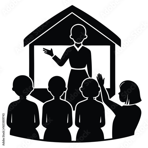 A teacher Teaching students in a school, Teacher and students in classroom silhouette learning illustration, Mother teaching child silhouette vector illustration, Silhouettes of teachers and students.