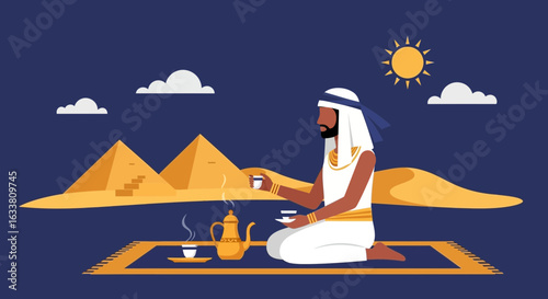 Egyptian Man Enjoying Tea Near Pyramids Under A Bright Sun With Clouds