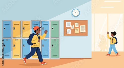 Enthusiastic Students Arriving At School Waving In Bright School Hallway