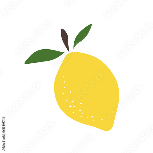 The lemon is whole with leaves, the yellow silhouette is isolated on a white background, hand-painted. Lemon logo, icon, flat design, vector illustration. Citrus sour fruit for decoration, design