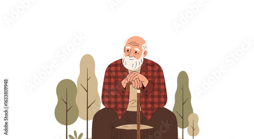 Elderly Man Resting In A Forest With His Walking Stick Illustration