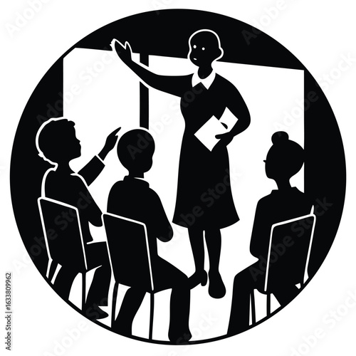 A teacher Teaching students in a school, Teacher and students in classroom silhouette learning illustration, Mother teaching child silhouette vector illustration, Silhouettes of teachers and students.