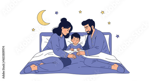 Family Tucking Child Into Bed At Night With Moon And Stars Overhead