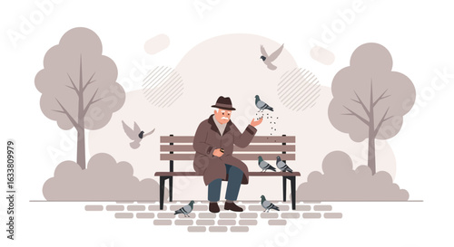 Elderly Man Feeding Pigeons On Bench In Park During Fall Or Spring