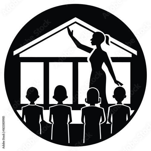 A teacher Teaching students in a school, Teacher and students in classroom silhouette learning illustration, Mother teaching child silhouette vector illustration, Silhouettes of teachers and students.