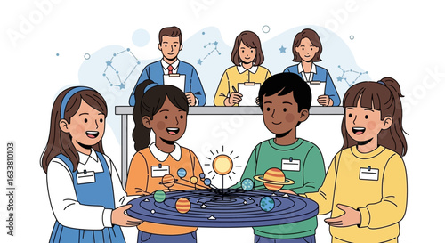 Enthusiastic Students Presenting a Solar System Model To Their Evaluation Teachers