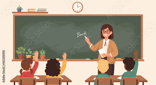 Enthusiastic Students Raise Their Hands During A Lesson In The Classroom