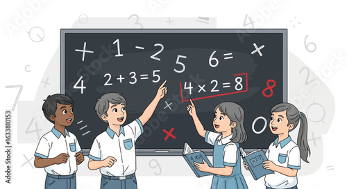 Enthusiastic Students Solving Arithmetic Problems On Chalkboard At School