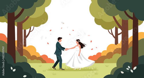 Elegant Autumn Wedding In Forest Scenery With Falling Leaves