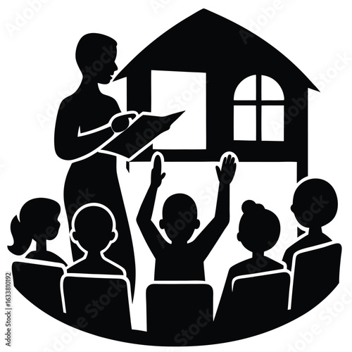 A teacher Teaching students in a school, Teacher and students in classroom silhouette learning illustration, Mother teaching child silhouette vector illustration, Silhouettes of teachers and students.