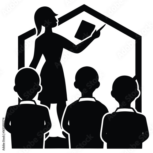 A teacher Teaching students in a school, Teacher and students in classroom silhouette learning illustration, Mother teaching child silhouette vector illustration, Silhouettes of teachers and students.