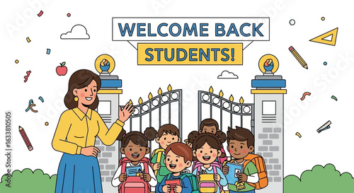 Enthusiastic Teacher Welcoming Students Back to School at the Gate