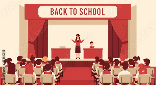 Enthusiastic Teacher Welcoming Students on Stage In Auditorium at School