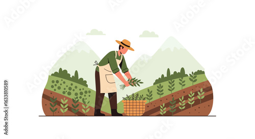 Farmer Harvesting Organic Crops In A Field Surrounded By Verdant Landscape
