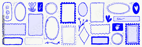 Set of hand drawn blue scallop rectangle frame, flower shape and wavy border. Isolated vector elements for postcard template, decoration, photo mask or text box
