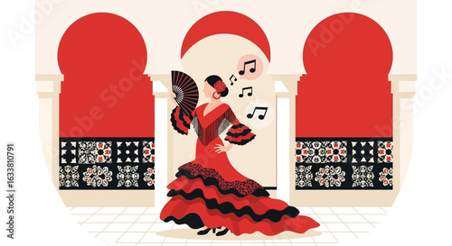 Elegant Flamenco Dancer In Classic Red Dress And Traditional Architecture