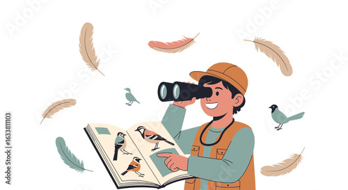 Enthusiastic Young Ornithologist Birdwatching And Identifying Different Species In Nature