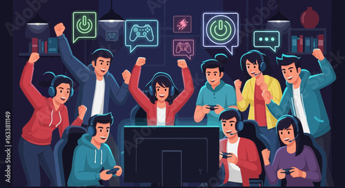 Enthusiastic Young People Celebrate Victory Playing Video Games Online Together