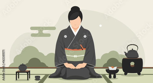 Elegant Japanese Woman In Kimono Preparing And Serving Traditional Tea Ceremony