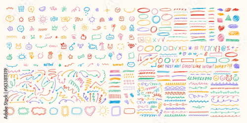 Cute doodle design elements. Text marks, arrows, heart, sun. Hand drawn symbols, characters. Sketch line style. Arrows, borders, ornaments, textures.