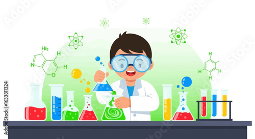 Enthusiastic Young Scientist In Lab Coat Conducting Chemistry Experiment