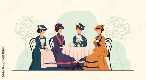Elegant Ladies Enjoying Afternoon Tea in Victorian Fashion Illustration