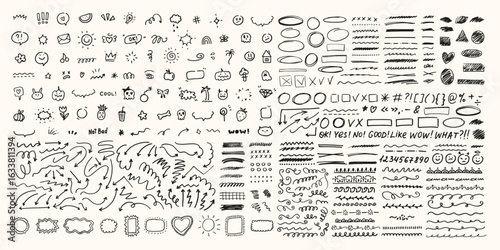 Cute doodle design elements. Text marks, arrows, heart, sun. Hand drawn symbols, characters. Sketch line style. Arrows, borders, ornaments, textures.