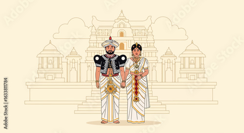 Elegant Sri Lankan Couple In Traditional Attire With Temple Backdrop
