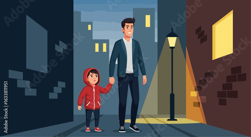 Father And Son Walking Together On An Evening Stroll In The City