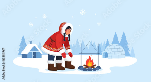 Eskimo Girl Warms Herself By A Campfire During The Cold Winter Season