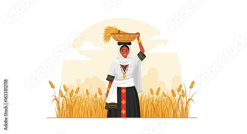 Ethiopian Woman Harvesting Wheat Crop In Traditional Attire With Basket