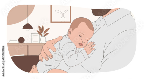 Father Holds His Sleeping Infant Son In Minimalist Illustration Style
