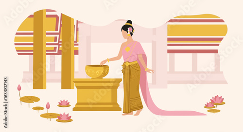 Elegant Thai Woman Offering Water To Buddha In Peaceful Temple Setting