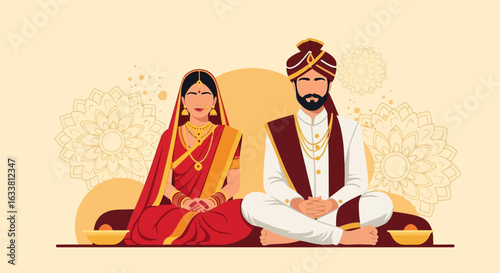 Elegant Wedding Couple In Traditional Indian Attire Against Floral Backdrop