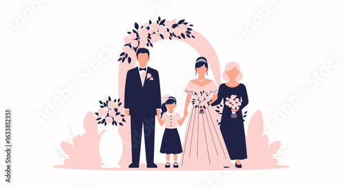 Elegant Wedding Illustration With Family Under Floral Arch Vector Graphic
