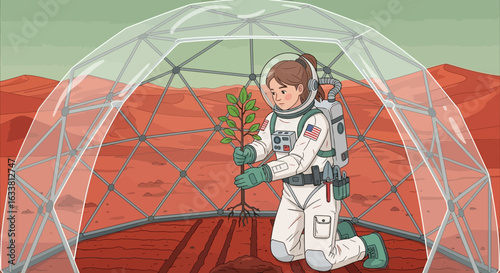 Female Astronaut Growing Seedlings In Mars Habitat For Future Colonization