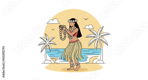 Elegant Woman Dancing Hula On Tropical Beach In Minimalist Vector Style