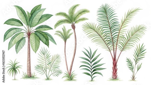 Watercolor illustration of various palm trees and tropical plants isolated on white background