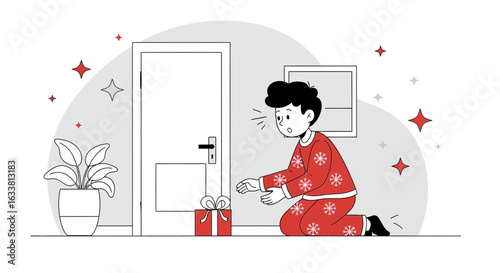Excited Boy Finds Unexpected Gift By The Door Wearing Festive Pajamas