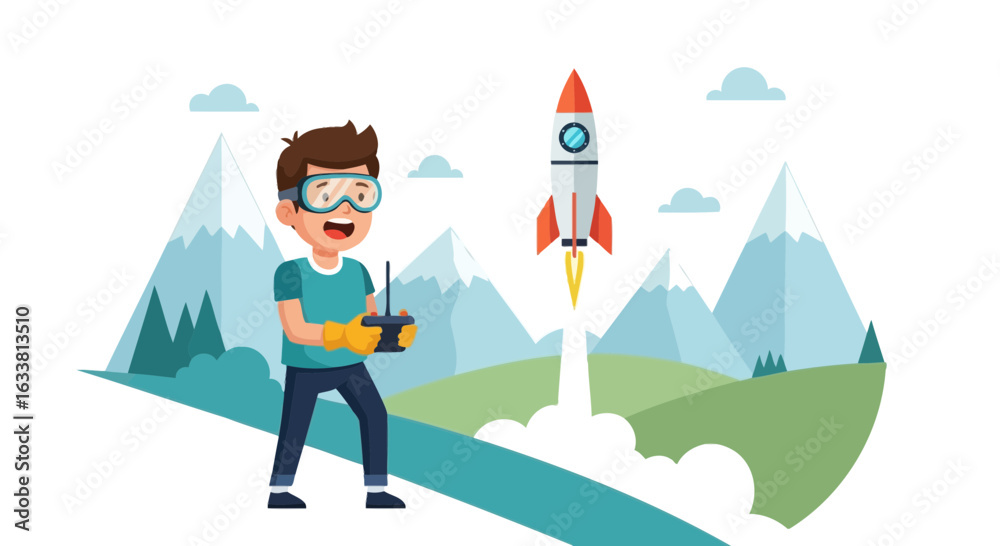 Excited Boy Launching Toy Rocket Into The Sky With Remote Controller Excited Boy Launching Toy Rocket Into The Sky With Remote Controller