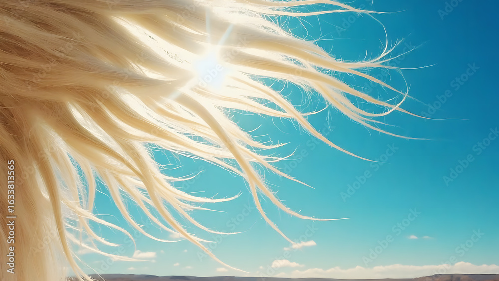 Fototapeta premium Blonde hair blowing in the wind against a bright blue sky with sun flare.