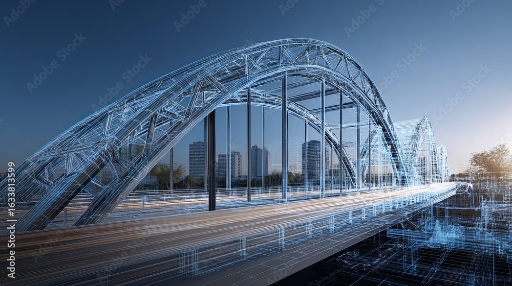 Fototapeta premium A futuristic wireframe representation of a bridge with a clear blue sky backdrop, illustrating modern architectural design.