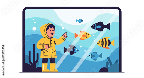 Excited Boy Points At Cartoon Fish Swimming Happily In A Large Aquarium