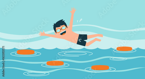 Excited Boy Swims And Enjoys Summer Vacation In Pool With Floating Discs