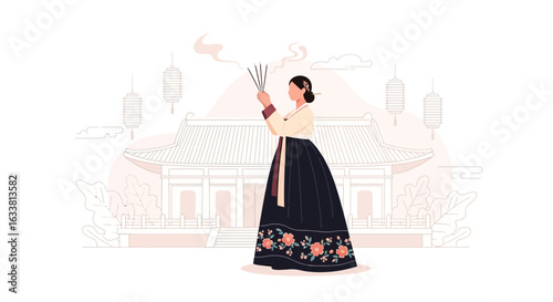 Elegant Woman In Traditional Hanbok With Incense Sticks Near Korean House